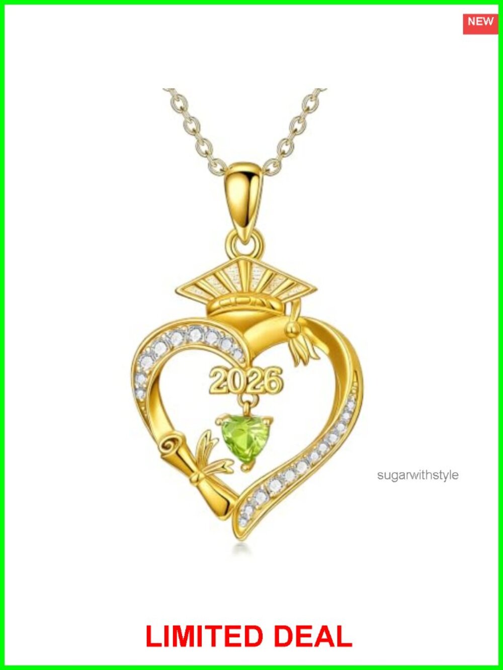 18K Gold Heart Birthstone Graduation Necklace 5A Cubic Zirconia Grad Gift